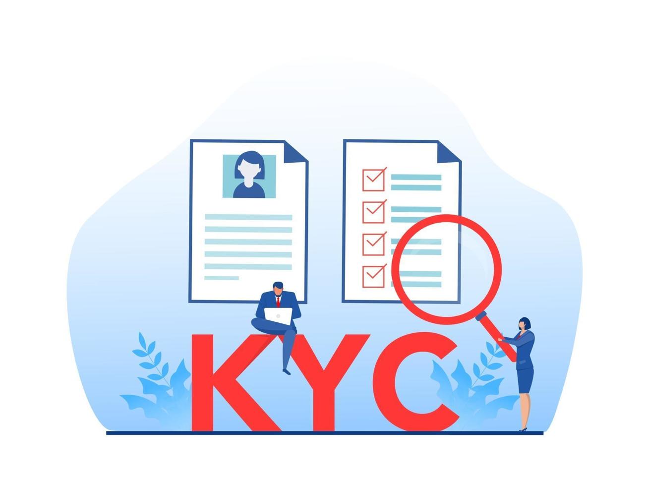 kyc ou conheça seu cliente com negócio verificando a identidade do conceito de seus clientes junto aos parceiros por meio de um ilustrador vetorial de lupa vetor