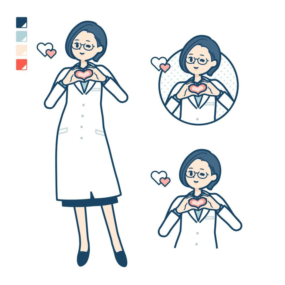 uma mulher médico dentro uma laboratório casaco com fazer uma coração símbolo de mão imagens vetor