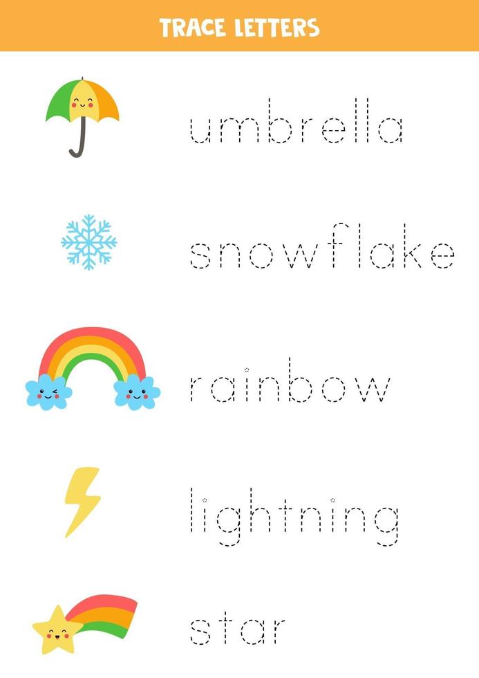 traçando letras com elementos bonitos do clima, prática de escrita vetor