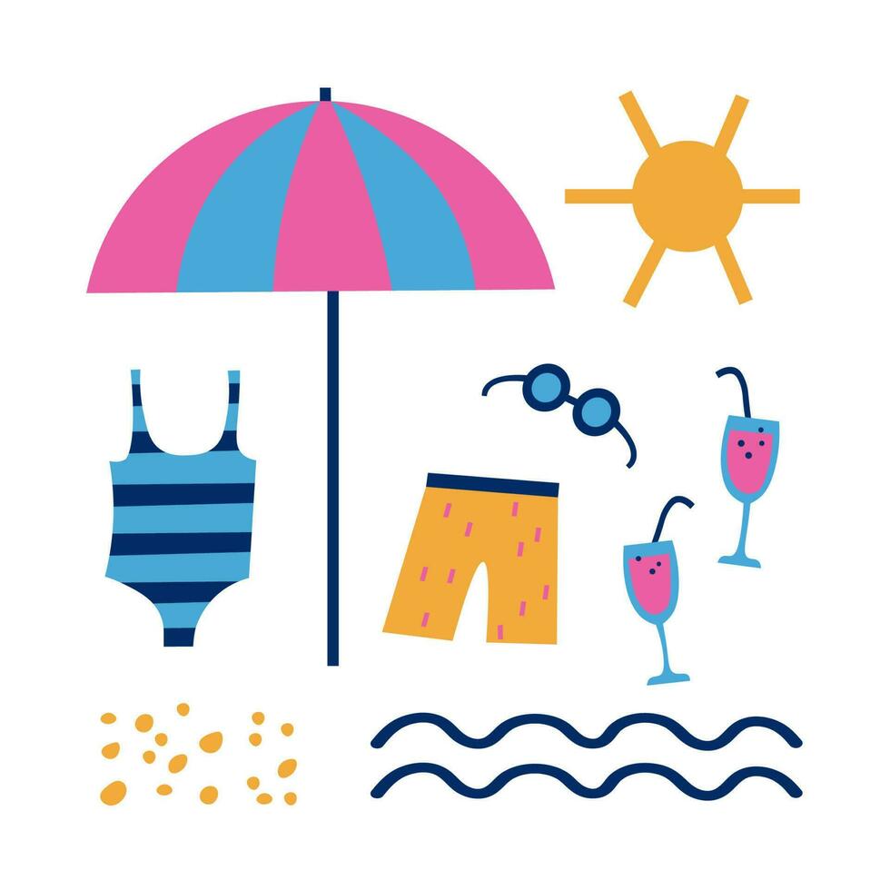 rabisco com uma mar humor. plano desenho animado ilustração mar, roupa de banho, natação roupa de baixo, Sol guarda-chuva, corações, coquetel, prancha de surfe, gelo creme, copos, Sol. de praia feriado, festa, costa, estilo de vida.vetor vetor