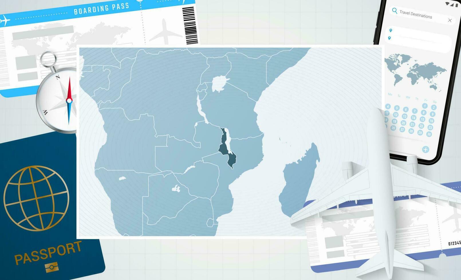 viagem para maláui, ilustração com uma mapa do maláui. fundo com avião, célula telefone, Passaporte, bússola e bilhetes. vetor