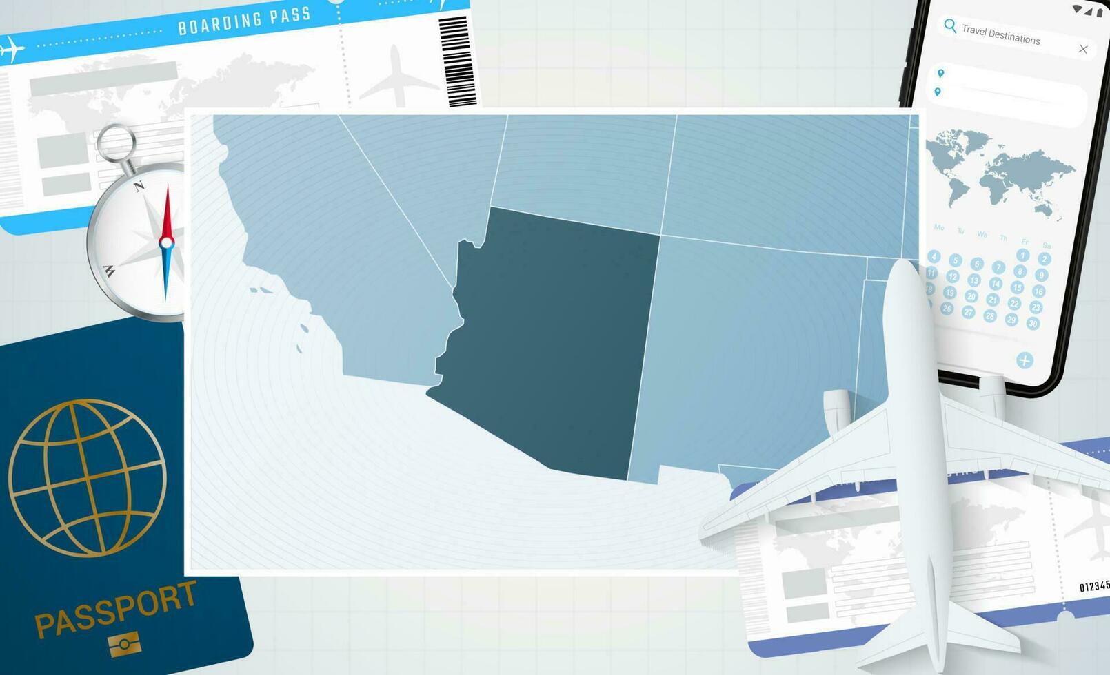 viagem para arizona, ilustração com uma mapa do arizona. fundo com avião, célula telefone, Passaporte, bússola e bilhetes. vetor