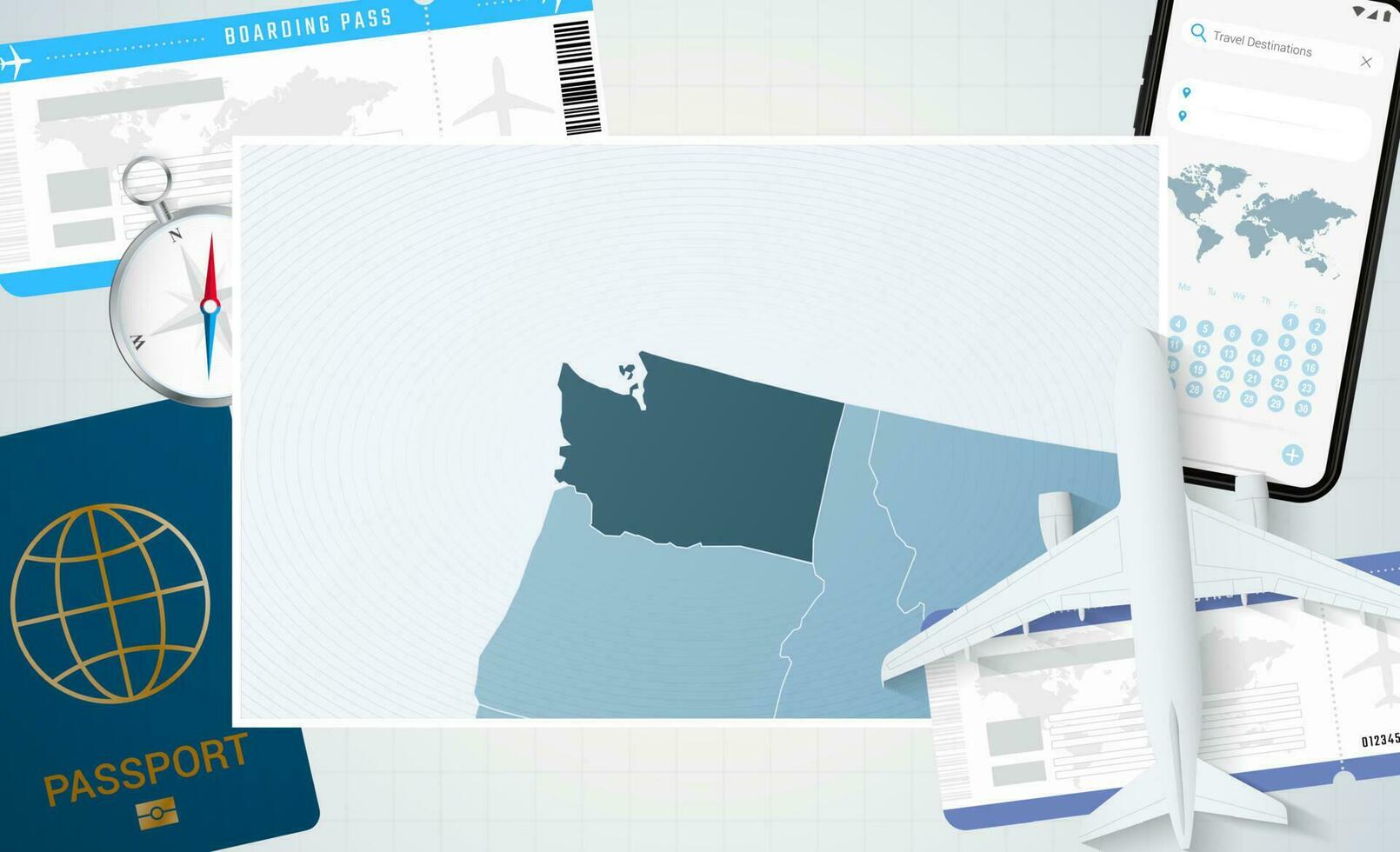 viagem para Washington, ilustração com uma mapa do Washington. fundo com avião, célula telefone, Passaporte, bússola e bilhetes. vetor