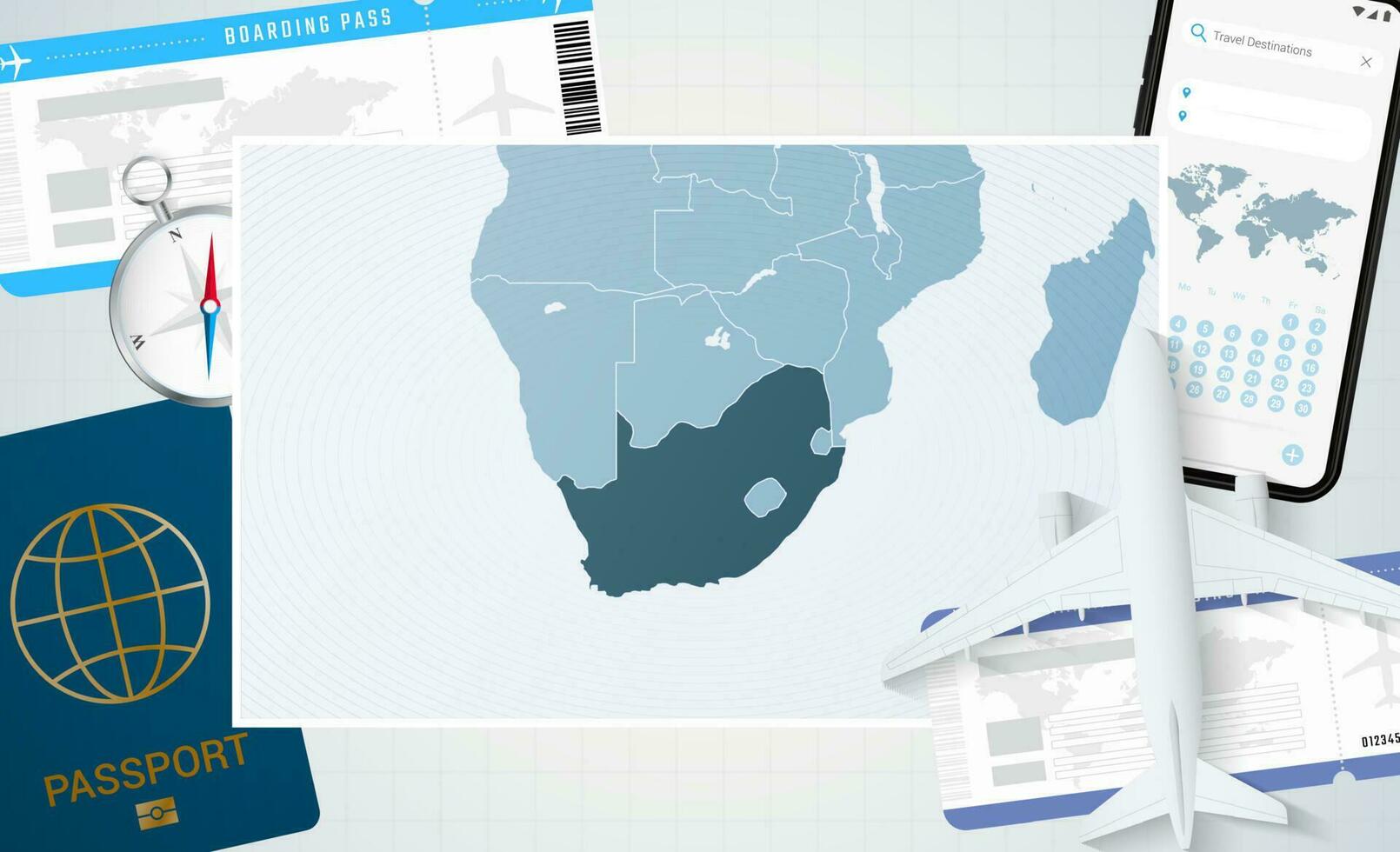 viagem para sul África, ilustração com uma mapa do sul África. fundo com avião, célula telefone, Passaporte, bússola e bilhetes. vetor