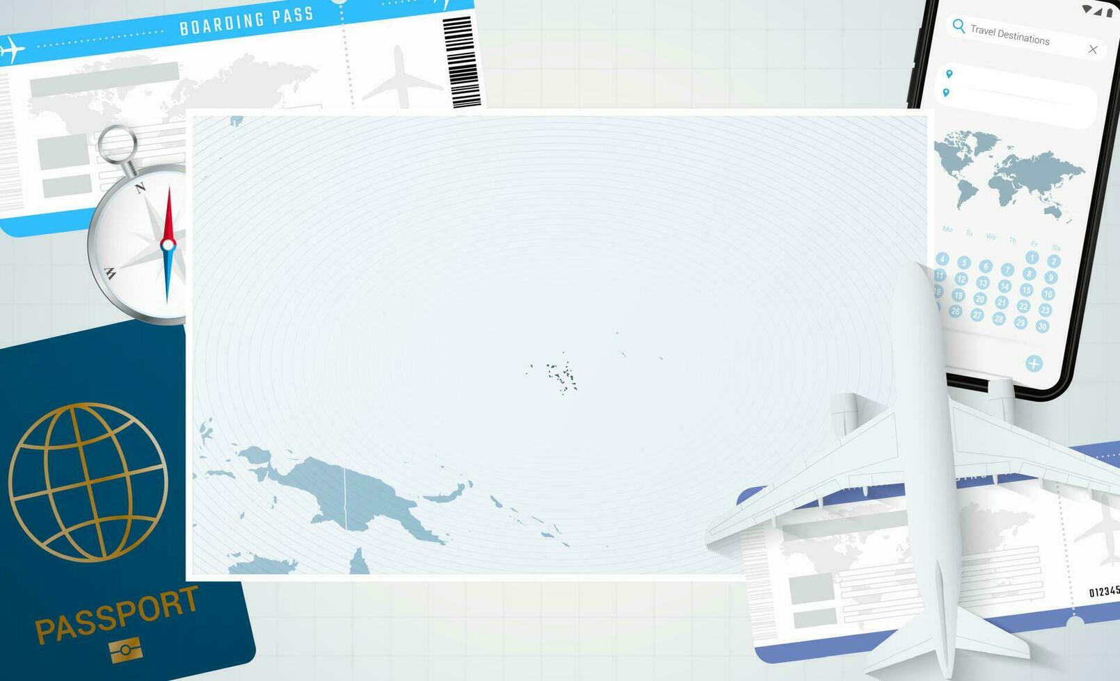 viagem para marechal ilhas, ilustração com uma mapa do marechal ilhas. fundo com avião, célula telefone, Passaporte, bússola e bilhetes. vetor