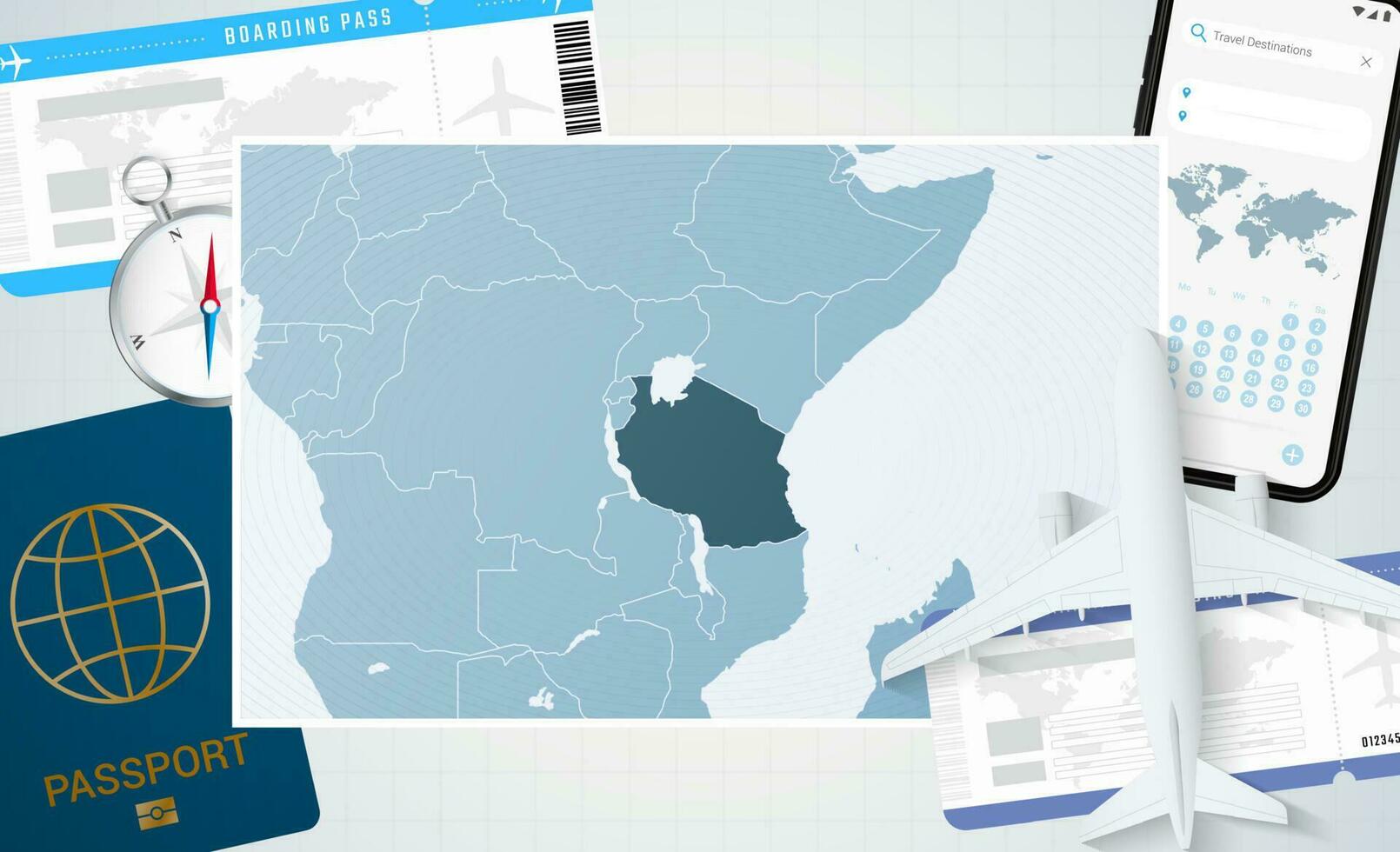 viagem para Tanzânia, ilustração com uma mapa do Tanzânia. fundo com avião, célula telefone, Passaporte, bússola e bilhetes. vetor