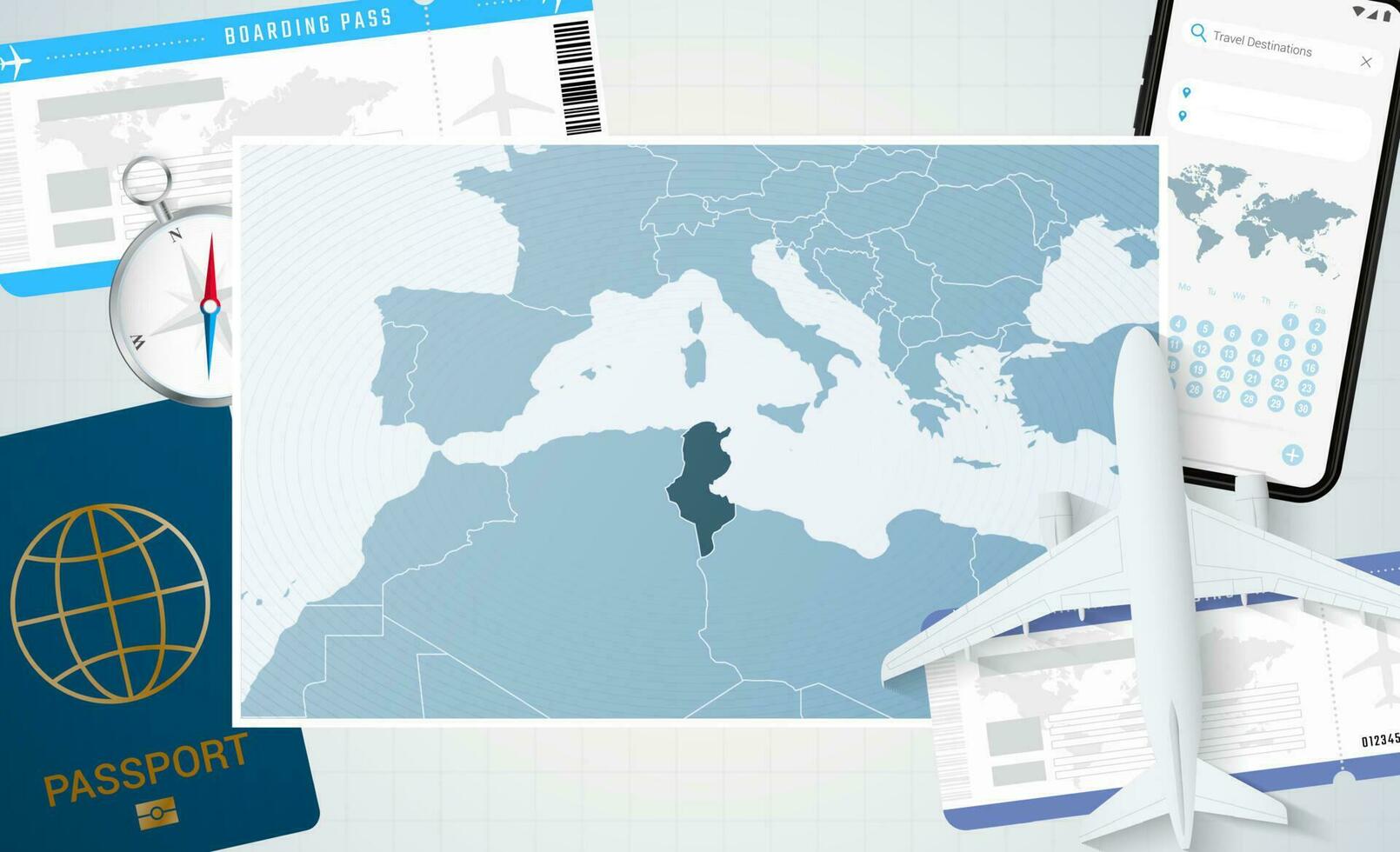 viagem para Tunísia, ilustração com uma mapa do Tunísia. fundo com avião, célula telefone, Passaporte, bússola e bilhetes. vetor