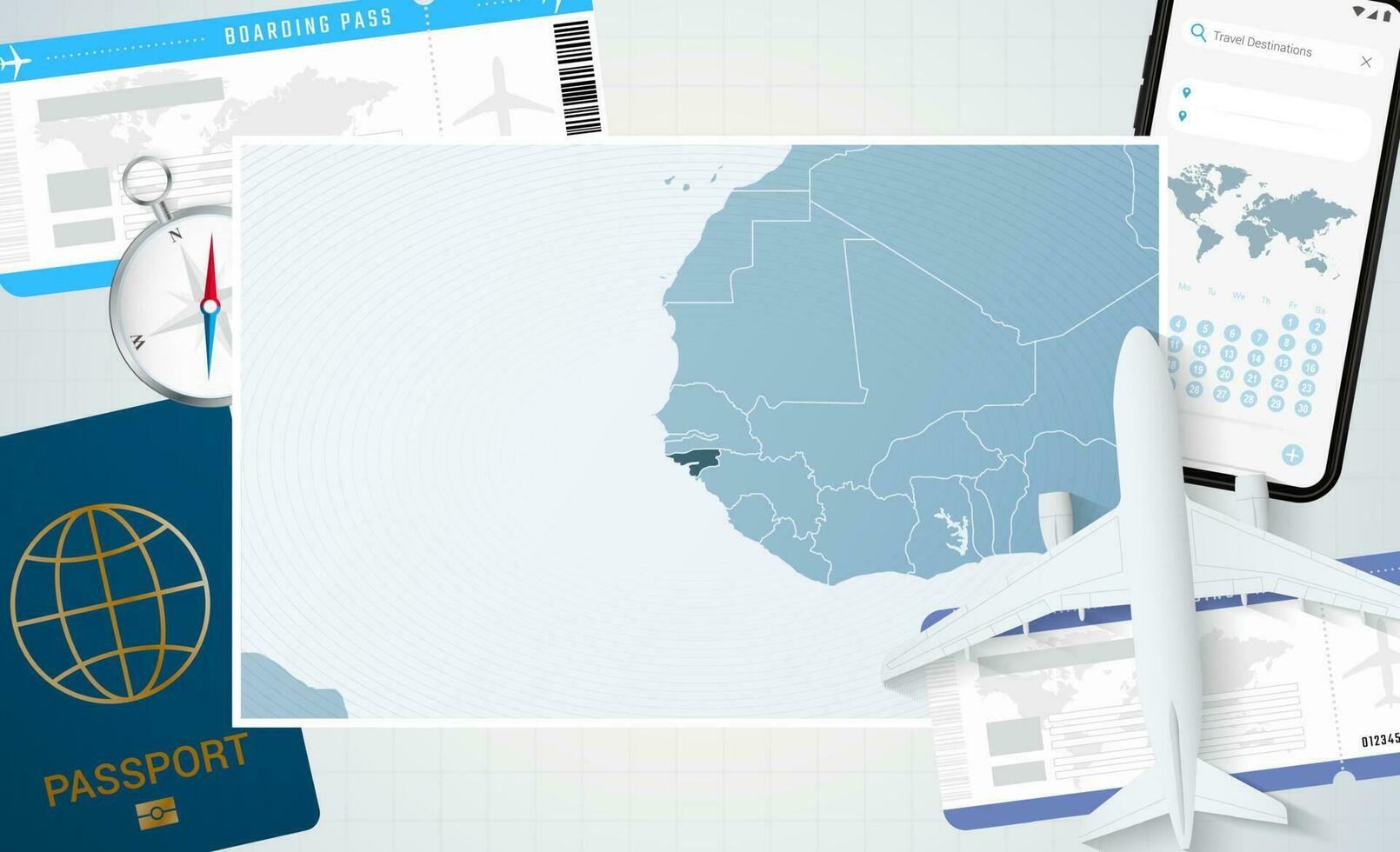 viagem para guiné-bissau, ilustração com uma mapa do guiné-bissau. fundo com avião, célula telefone, Passaporte, bússola e bilhetes. vetor