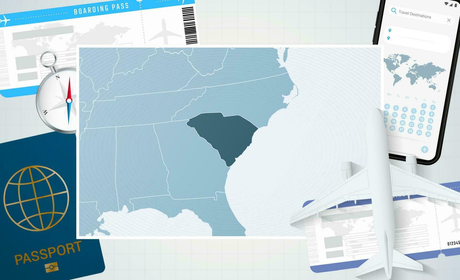 viagem para sul carolina, ilustração com uma mapa do sul carolina. fundo com avião, célula telefone, Passaporte, bússola e bilhetes. vetor