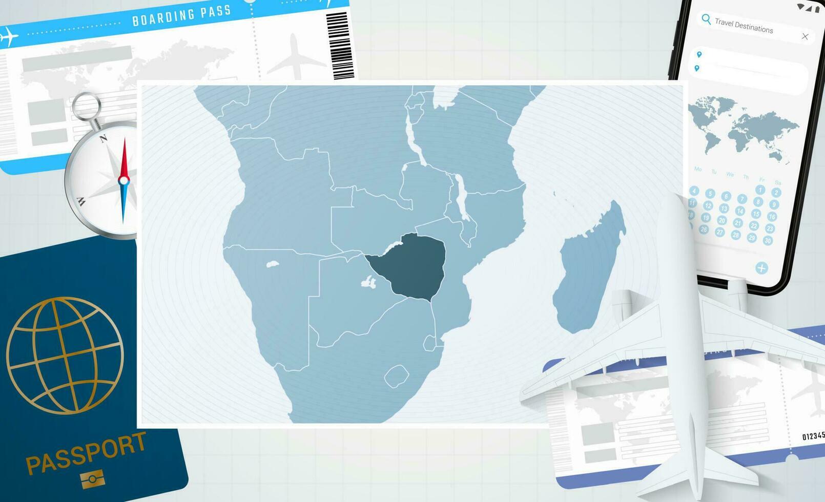 viagem para Zimbábue, ilustração com uma mapa do Zimbábue. fundo com avião, célula telefone, Passaporte, bússola e bilhetes. vetor