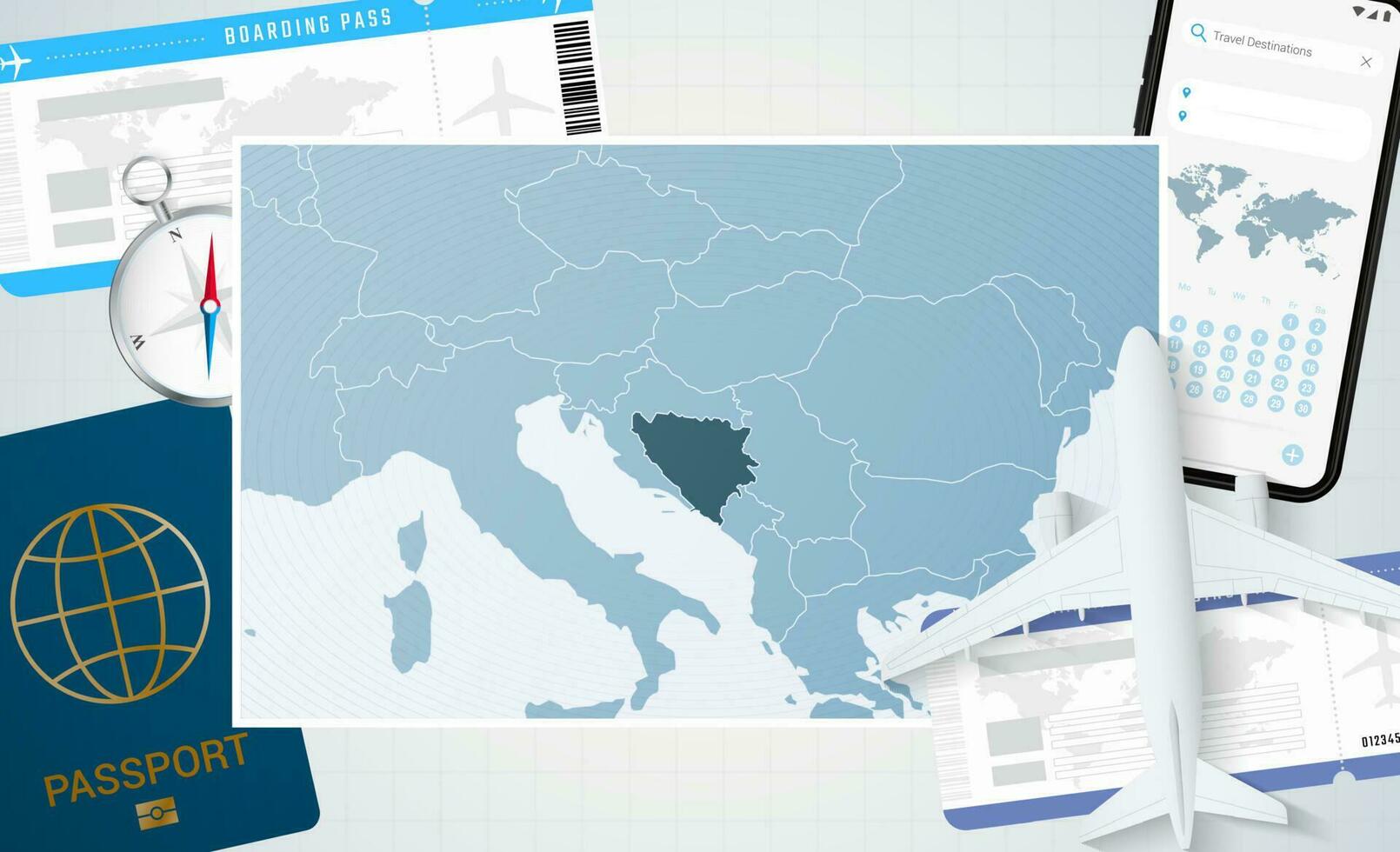 viagem para Bósnia e herzegovina, ilustração com uma mapa do Bósnia e herzegovina. fundo com avião, célula telefone, Passaporte, bússola e bilhetes. vetor