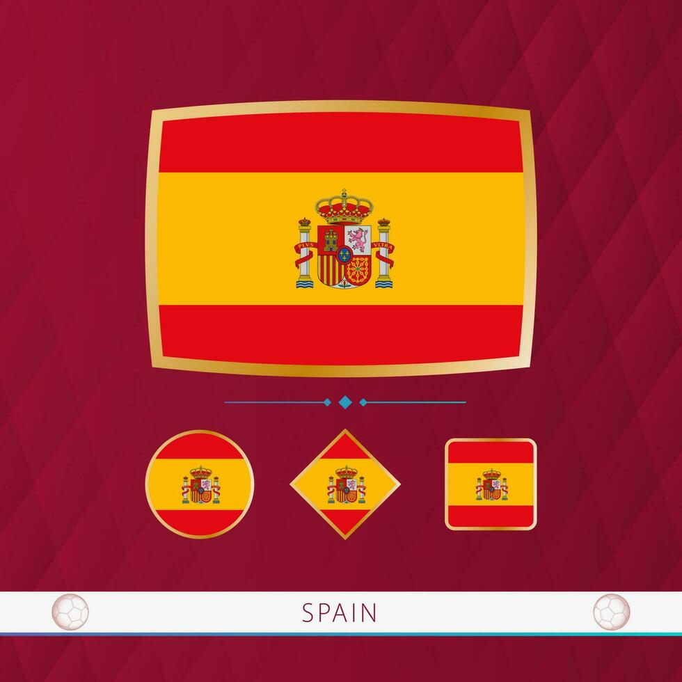 conjunto do Espanha bandeiras com ouro quadro, Armação para usar às esportivo eventos em uma Borgonha abstrato fundo. vetor