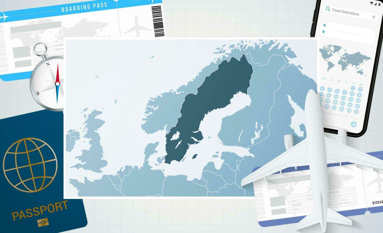 viagem para Suécia, ilustração com uma mapa do Suécia. fundo com avião, célula telefone, Passaporte, bússola e bilhetes. vetor