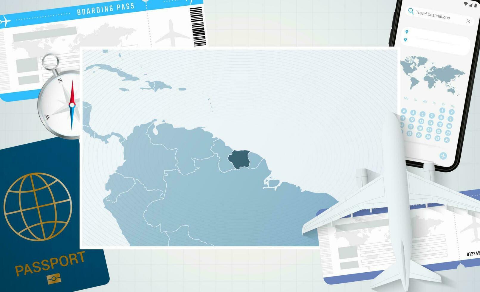 viagem para suriname, ilustração com uma mapa do suriname. fundo com avião, célula telefone, Passaporte, bússola e bilhetes. vetor