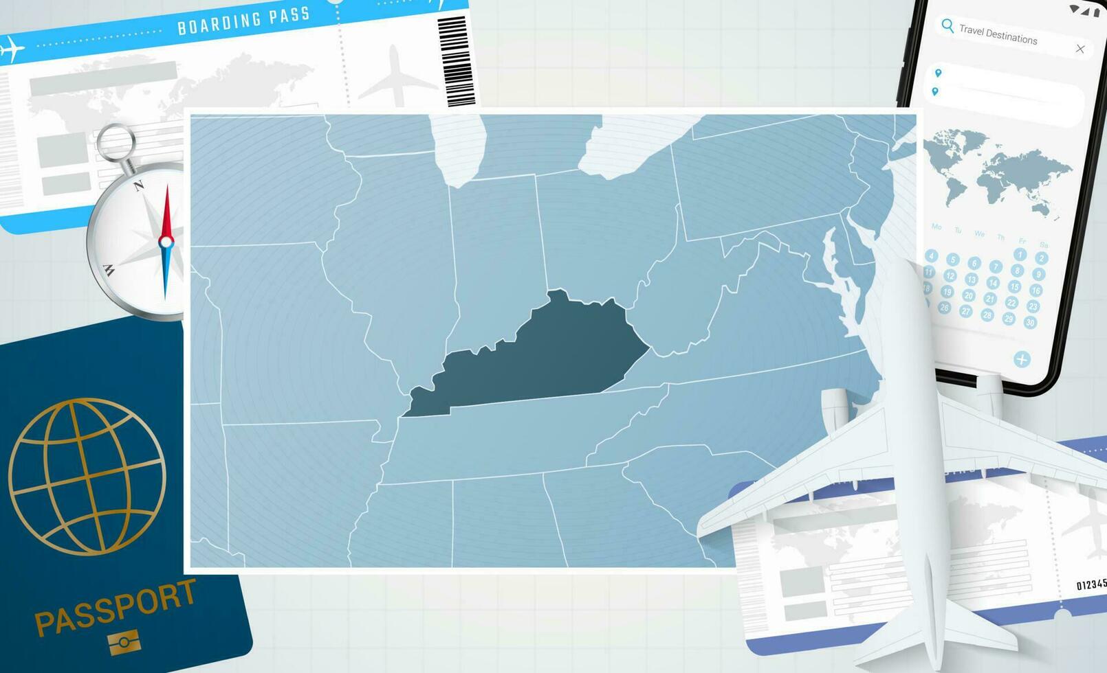 viagem para Kentucky, ilustração com uma mapa do kentucky. fundo com avião, célula telefone, Passaporte, bússola e bilhetes. vetor