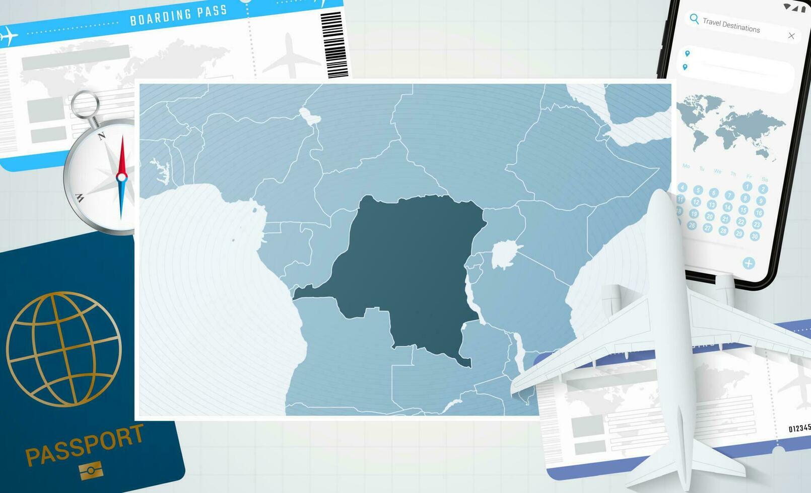 viagem para dr Congo, ilustração com uma mapa do dr Congo. fundo com avião, célula telefone, Passaporte, bússola e bilhetes. vetor