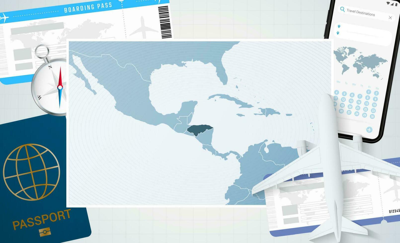 viagem para Honduras, ilustração com uma mapa do Honduras. fundo com avião, célula telefone, Passaporte, bússola e bilhetes. vetor