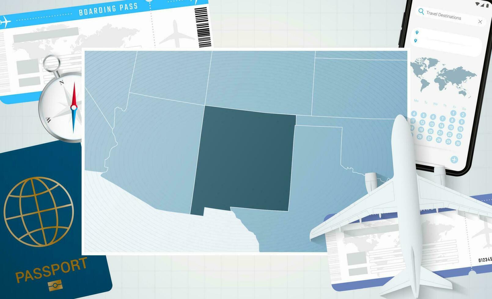 viagem para Novo México, ilustração com uma mapa do Novo México. fundo com avião, célula telefone, Passaporte, bússola e bilhetes. vetor