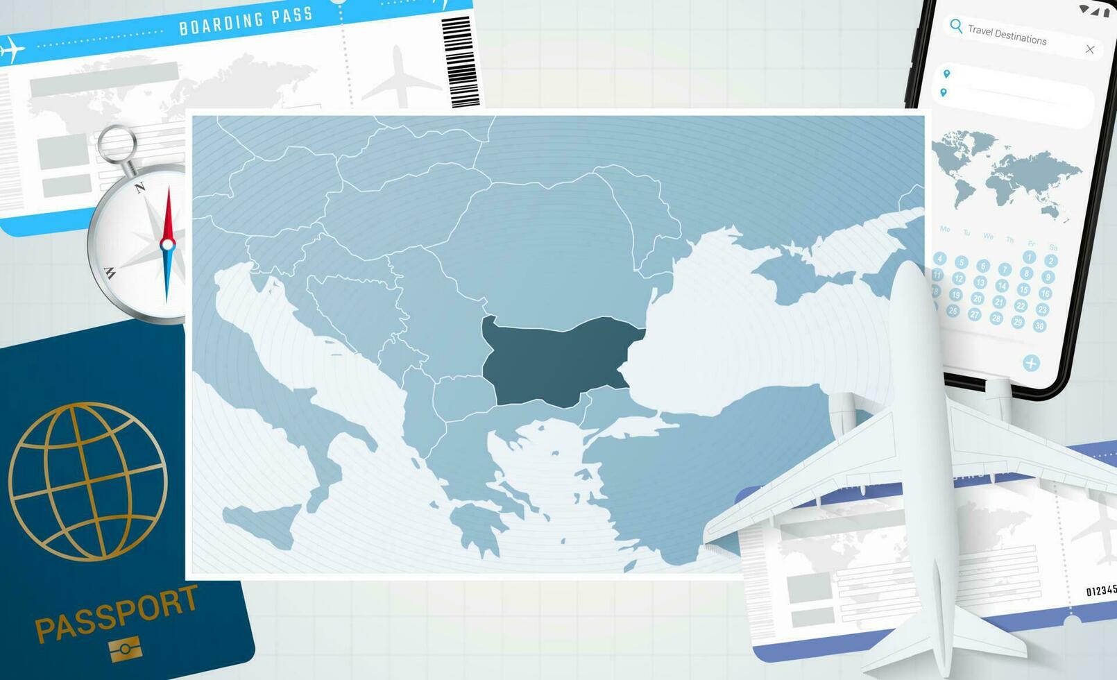 viagem para Bulgária, ilustração com uma mapa do Bulgária. fundo com avião, célula telefone, Passaporte, bússola e bilhetes. vetor