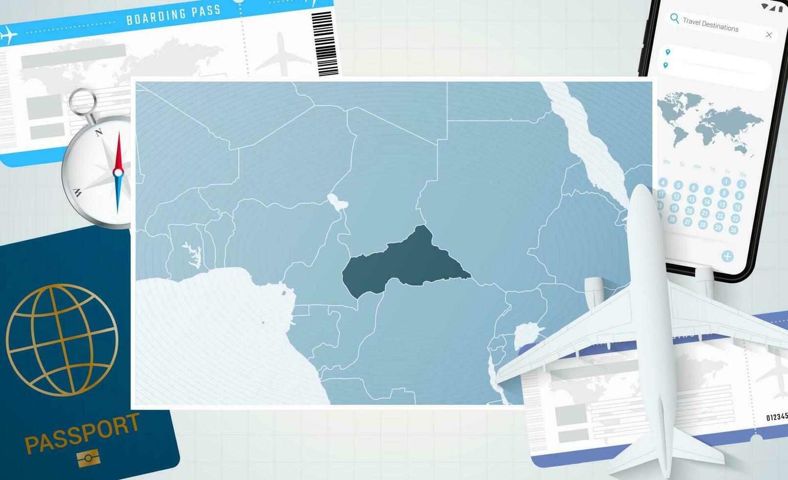 viagem para central africano república, ilustração com uma mapa do central africano república. fundo com avião, célula telefone, Passaporte, bússola e bilhetes. vetor
