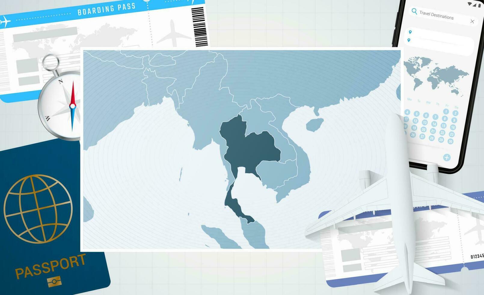 viagem para tailândia, ilustração com uma mapa do tailândia. fundo com avião, célula telefone, Passaporte, bússola e bilhetes. vetor