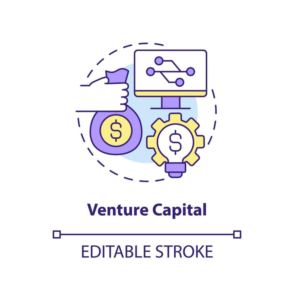 risco capital conceito ícone. dinheiro investimento. tecnologia comece financiamento opção abstrato idéia fino linha ilustração. isolado esboço desenho. editável acidente vascular encefálico vetor