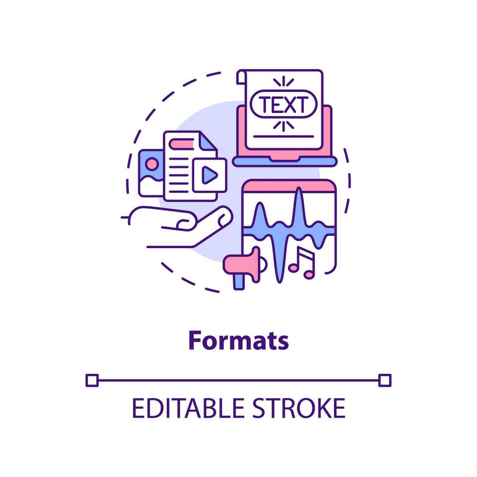 formatos conceito ícone. conteúdo para página. social meios de comunicação publicidade benefício abstrato idéia fino linha ilustração. isolado esboço desenho. editável acidente vascular encefálico vetor