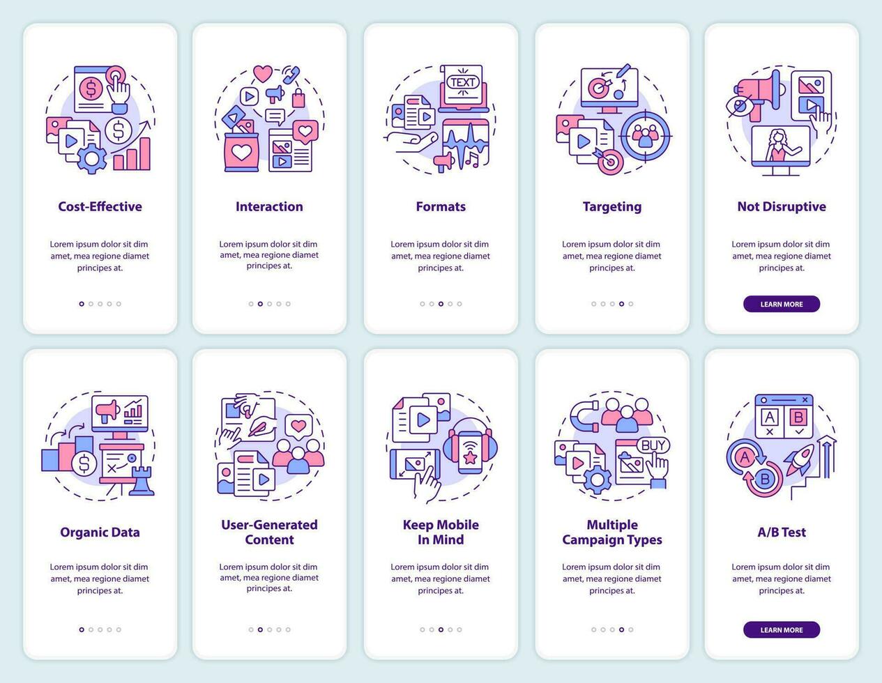 smm benefícios e dicas onboarding Móvel aplicativo telas definir. passo a passo 5 passos editável gráfico instruções com linear conceitos. interface do usuário, ux, gui modelo vetor