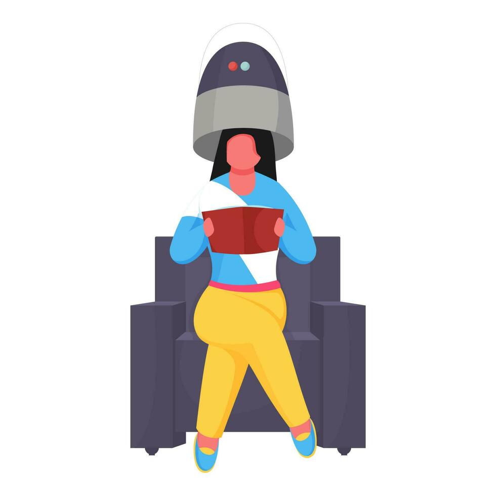 desenho animado jovem mulher sentado debaixo cabelo secador e ler uma livro às sofá. vetor