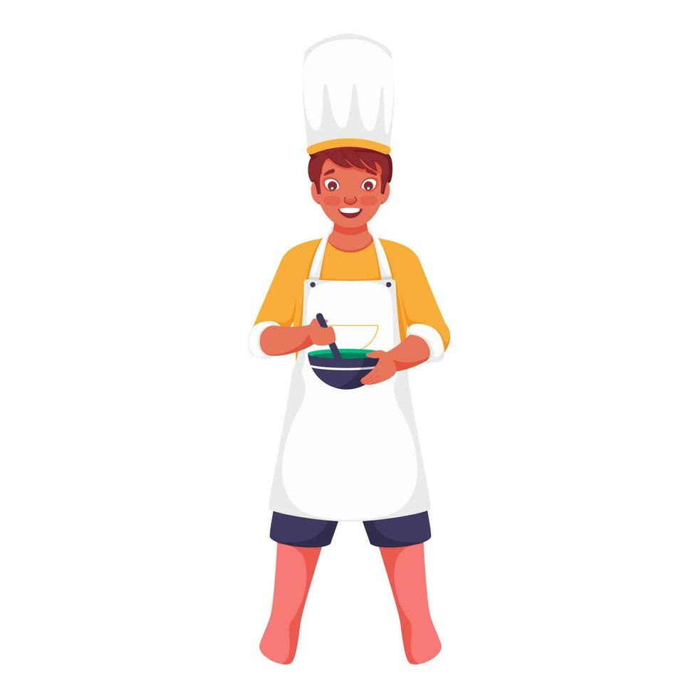 desenho animado personagem do chefe de cozinha Garoto segurando tigela dentro ficar de pé pose. vetor