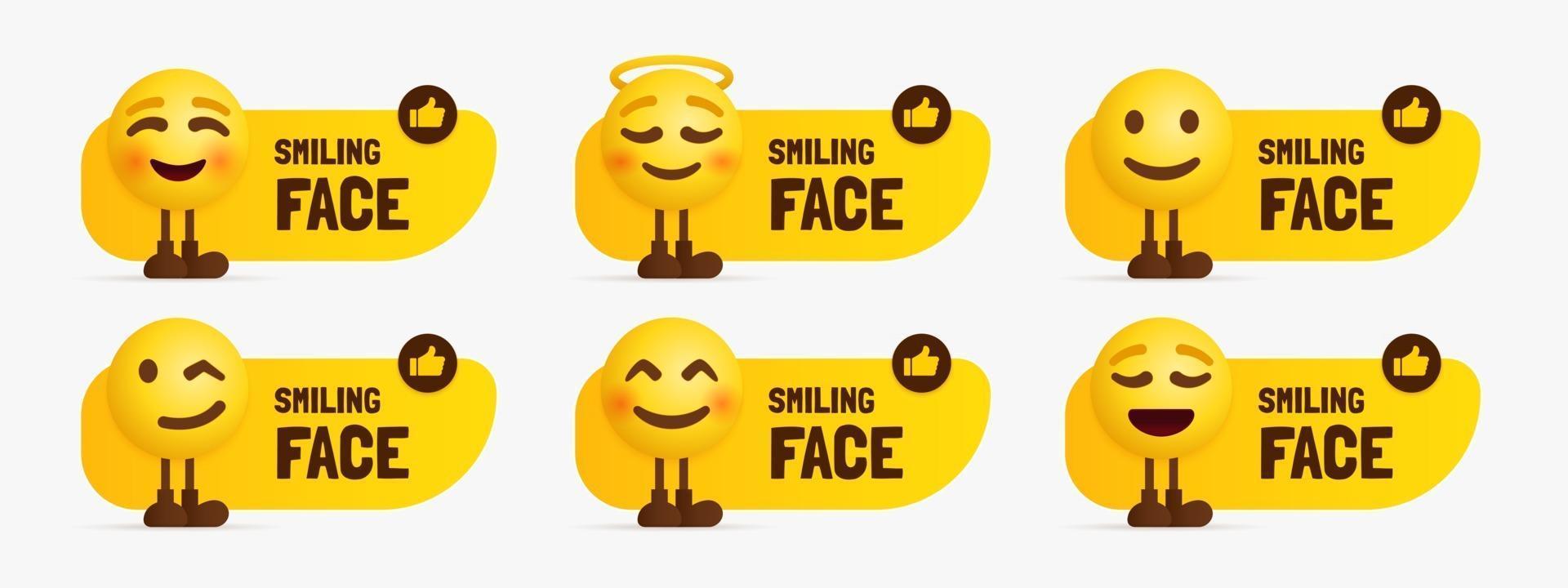 personagens emoji fofos em pé com um conjunto de rótulos de texto de rosto feliz vetor