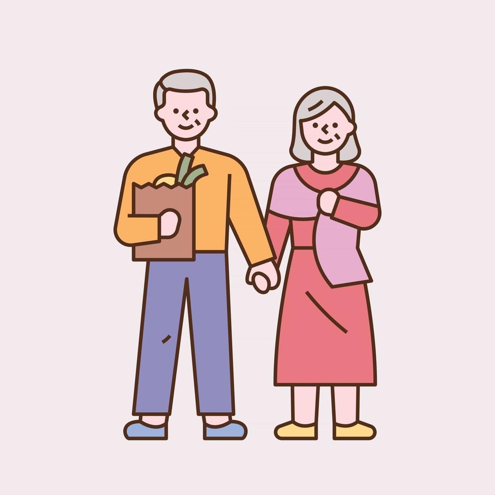 casais idosos estão de mãos dadas e fazendo compras. ilustração em vetor mínimo estilo design plano.