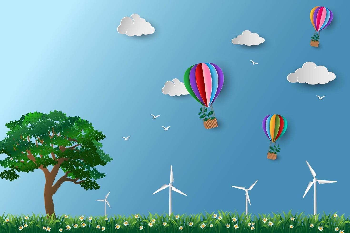 conceito de preservação do meio ambiente e eco-friendly balão de ar quente colorido com árvore voando sobre o prado papel arte design vetor