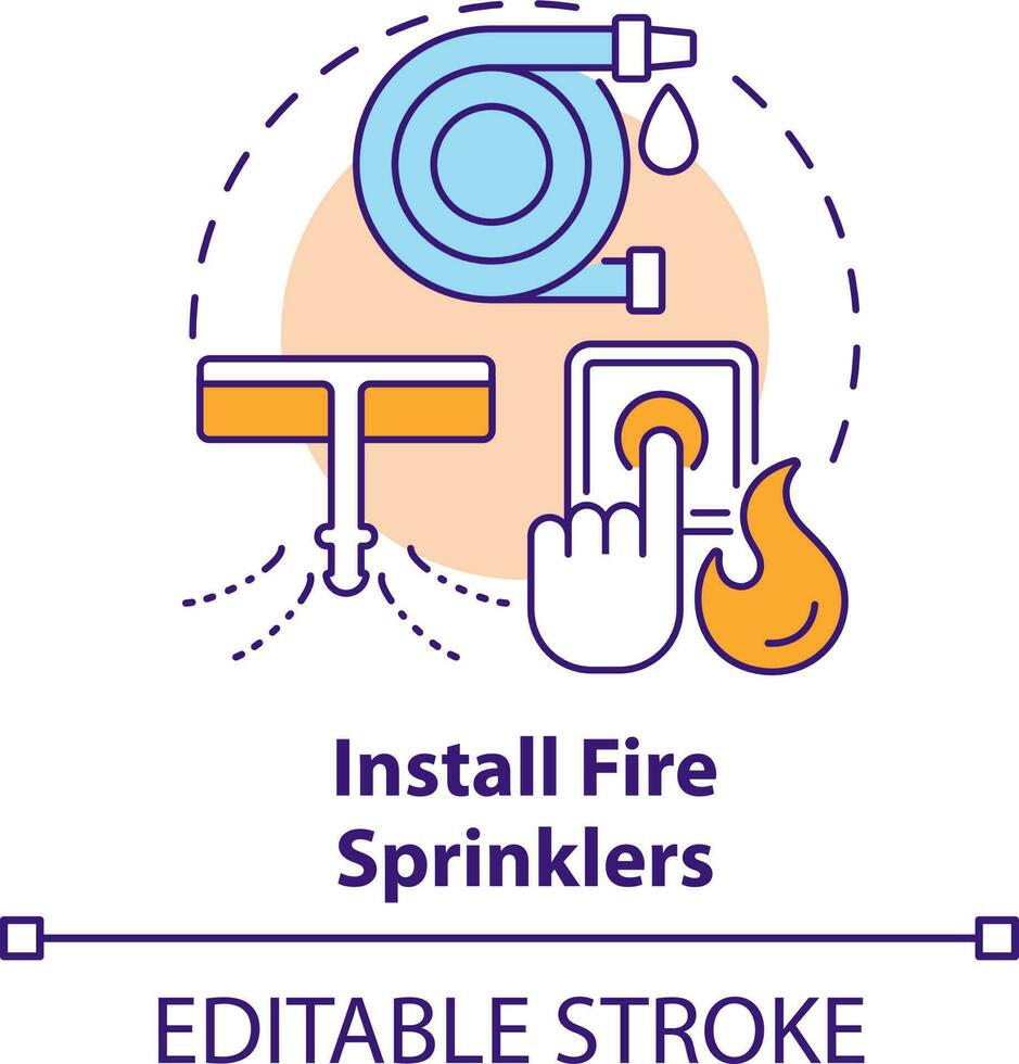 instalar fogo sprinklers conceito ícone. selvagem fogo segurança abstrato idéia fino linha ilustração. proteção sistema dentro prédio. isolado esboço desenho. editável acidente vascular encefálico vetor