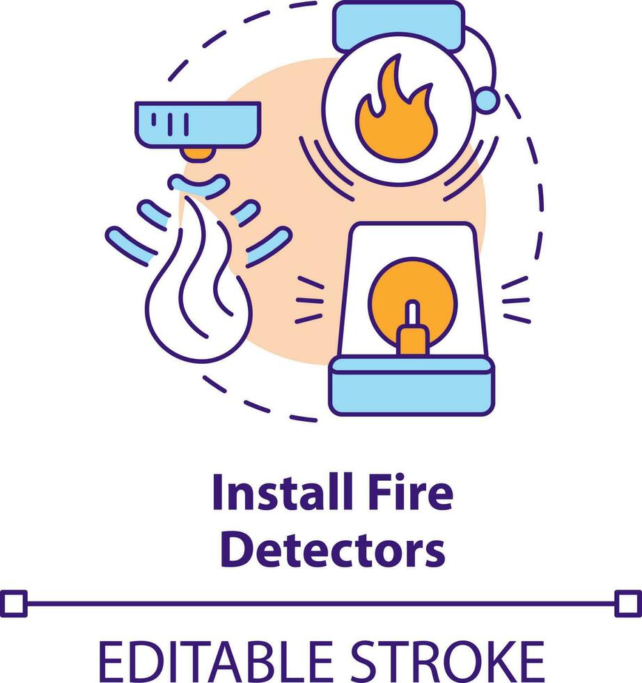 instalar fogo detectores conceito ícone. selvagem fogo segurança abstrato idéia fino linha ilustração. fumaça alarmes em parede, teto. isolado esboço desenho. editável acidente vascular encefálico vetor