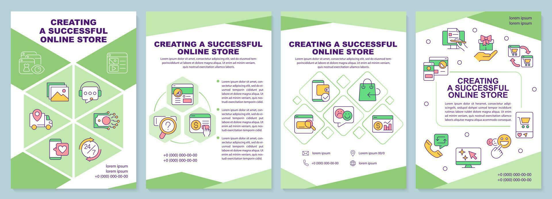 criando bem sucedido conectados loja verde folheto modelo. folheto Projeto com linear ícones. editável 4 vetor layouts para apresentação, anual relatórios