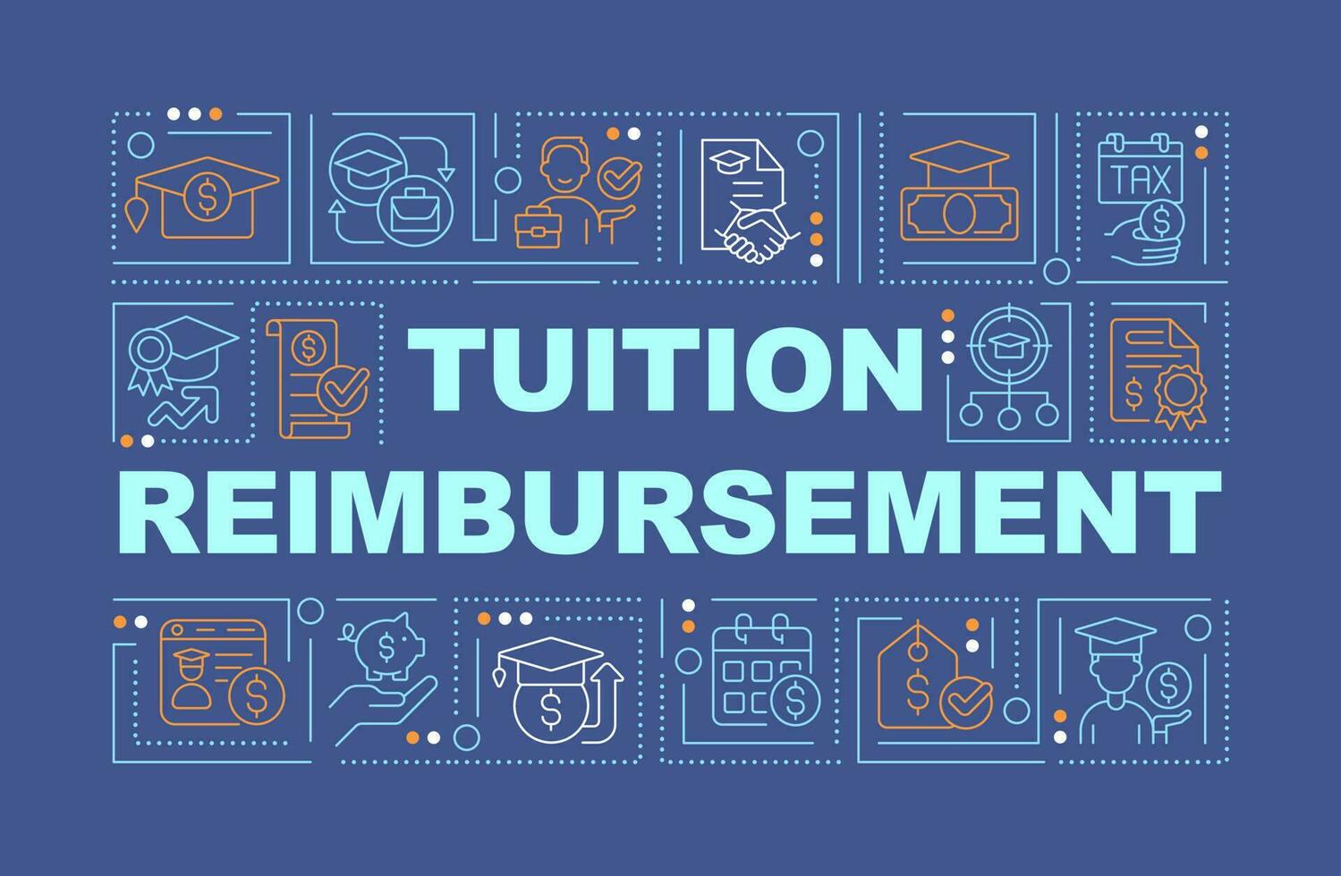 taxa escolar reembolso palavra conceitos Sombrio azul bandeira. financeiro ajuda. infográficos com editável ícones em cor fundo. isolado tipografia. vetor ilustração com texto