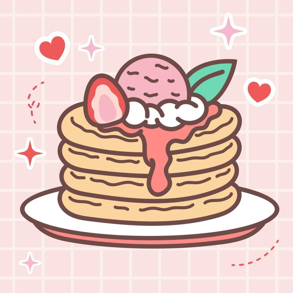 kawaii Comida do fofa morango doce panqueca vetor ilustração com japonês rabisco estilo para criança produtos, adesivo, camisa com Rosa fundo