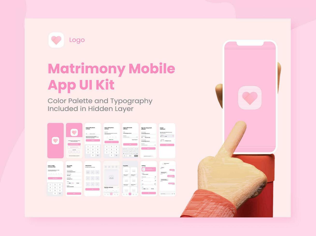 matrimônio aplicativo ui kit para responsivo Móvel aplicativo ou local na rede Internet com diferente telas Como Conecte-se, detalhes, crio do utilizador perfil. vetor