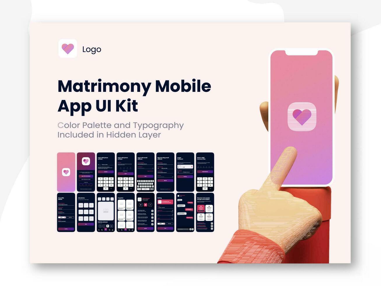 matrimônio aplicativo ui kit para responsivo Móvel aplicativo ou local na rede Internet com diferente telas Como Conecte-se, detalhes, crio do utilizador perfil. vetor