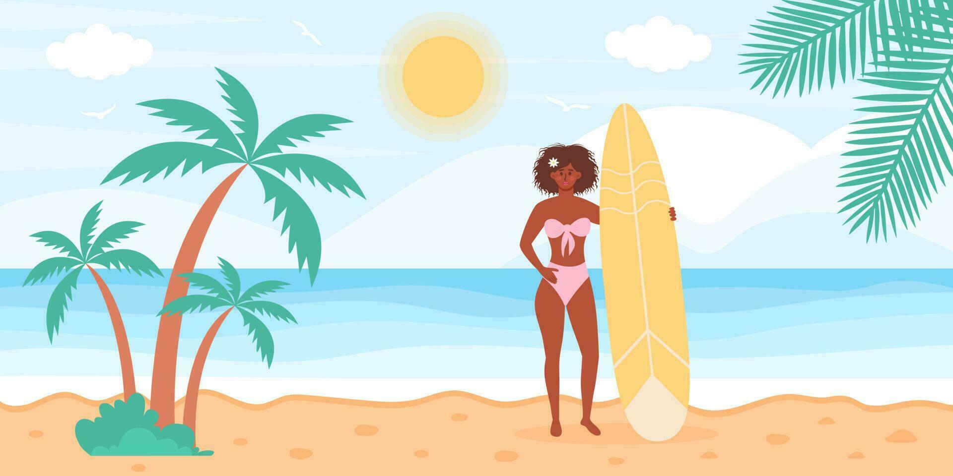 africano mulher dentro roupa de banho com prancha de surfe em a de praia. marinha com tropical Palmeiras. horário de verão, ativo esporte, surf, período de férias conceito. plano desenho animado vetor ilustração.