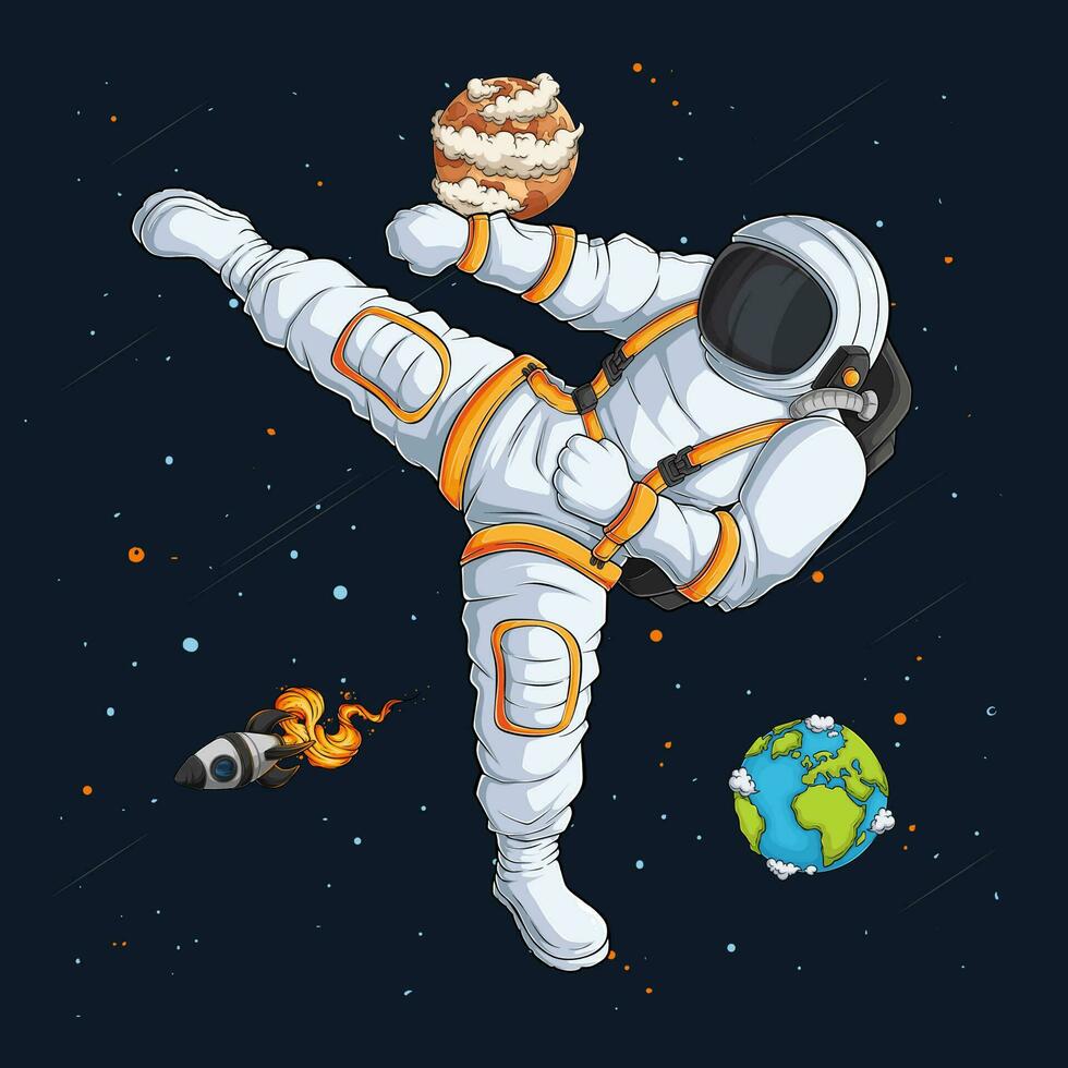 mão desenhado karatê ou kickboxing astronauta dentro traje espacial fazendo uma mosca pontapé ,marcial artes exterior astronauta vetor