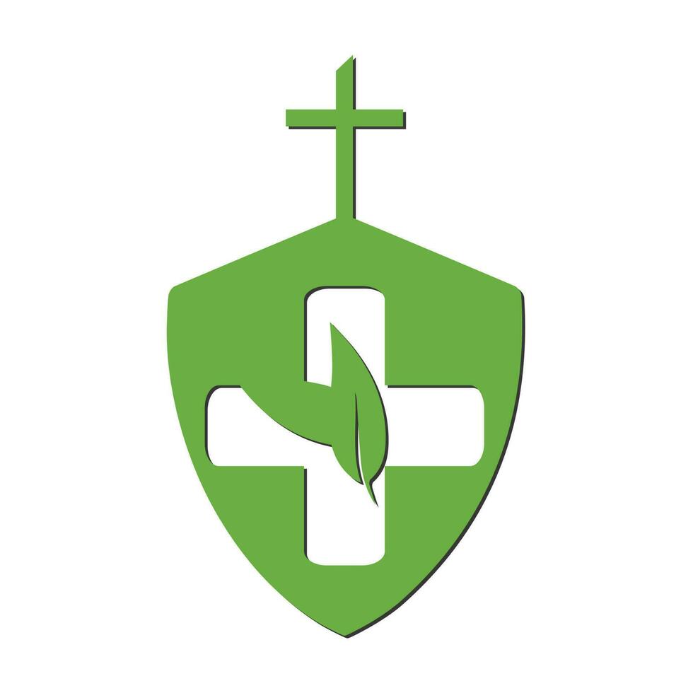 farmacia médico logotipo natural orgânico vetor com escudo Cruz e folha ilustração