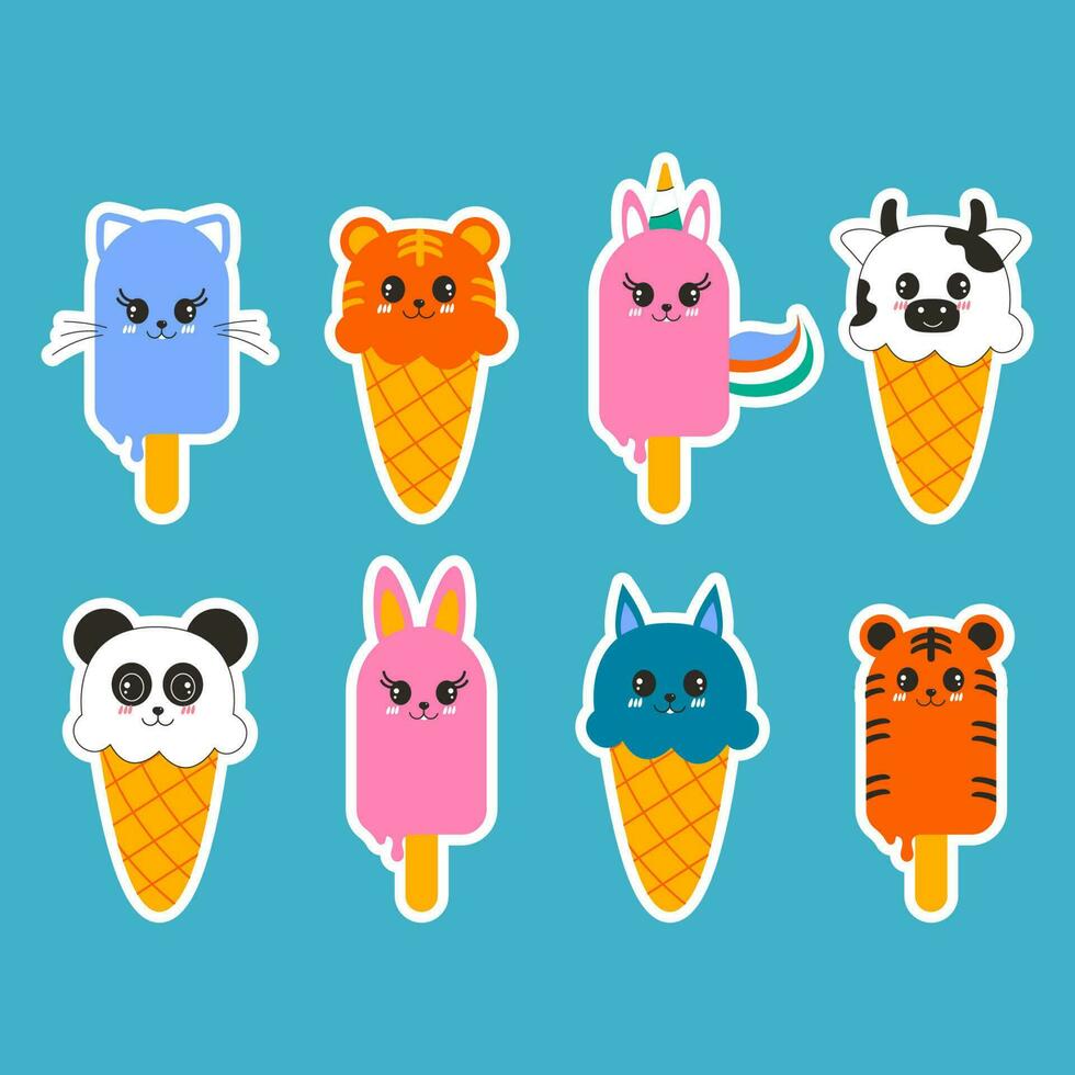 conjunto do desenhado à mão adesivos diferente gelo creme kawaii animal em forma plano Projeto vetor