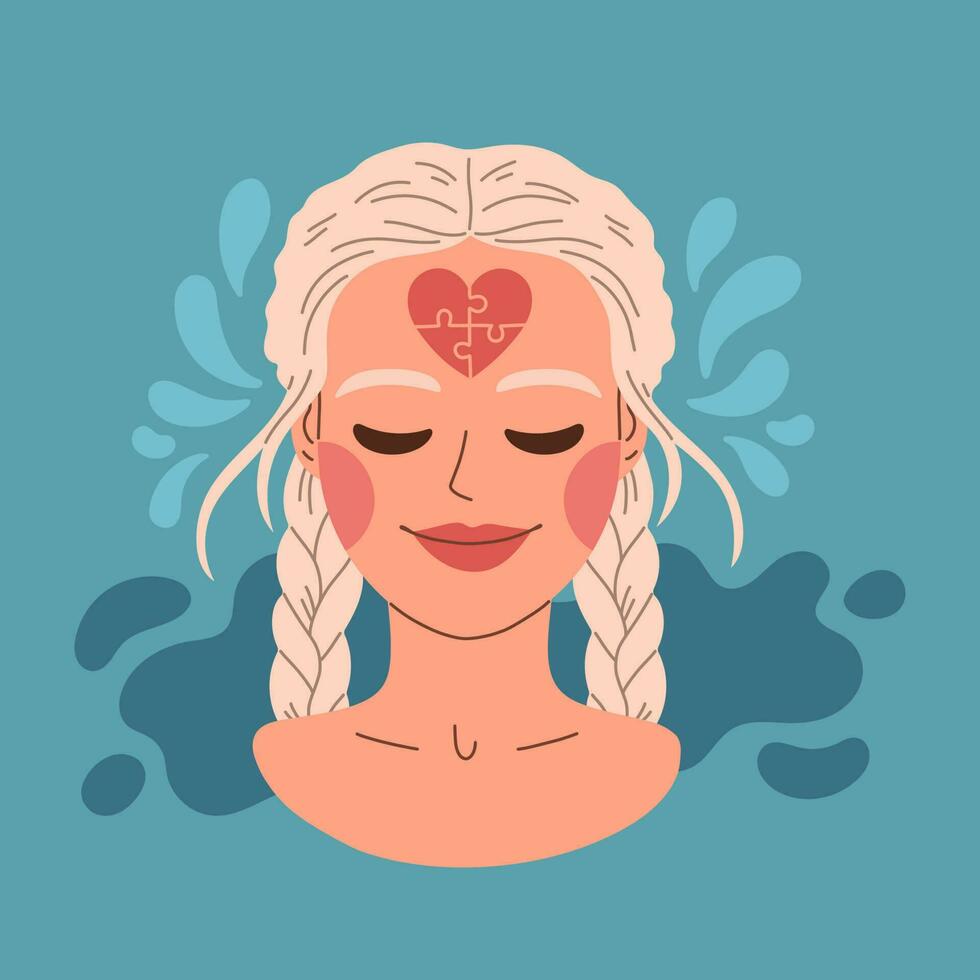 mental saúde. saudável mentalidade e auto Cuidado ilustração definir. feliz mulher sentir confiante, relaxar, aceitar e amor ela mesma. autocuidados e aceitação conceito. vetor ilustração.