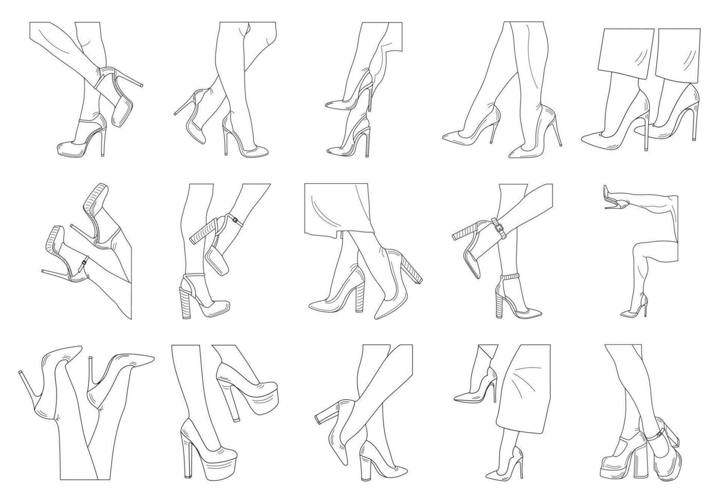 desenhando esboço esboço silhuetas do fêmea pernas. sapatos estiletes, Alto salto. andando, de pé, correndo, pulando, dança vetor