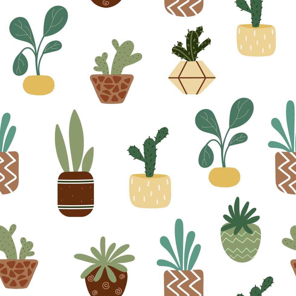 padrão sem emenda de plantas em casa e em vasos. ilustração vetorial vetor