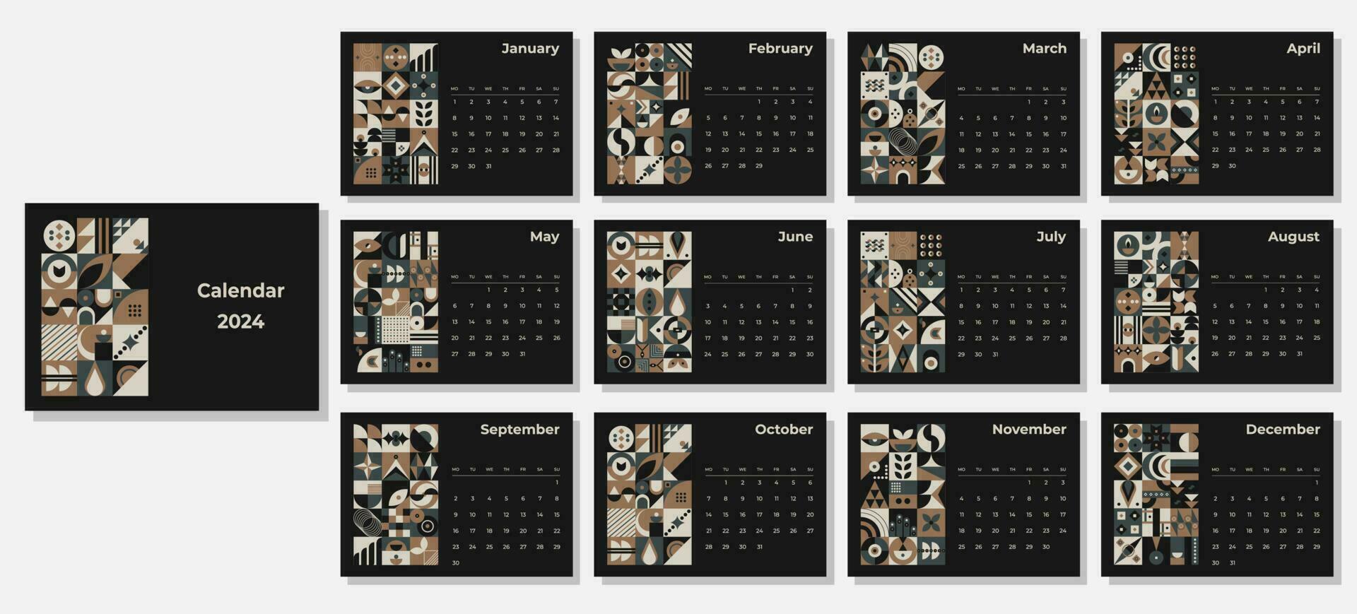 calendário 2024 geométrico padrões. por mês calendário modelo para 2024 ano com geométrico formas. vetor