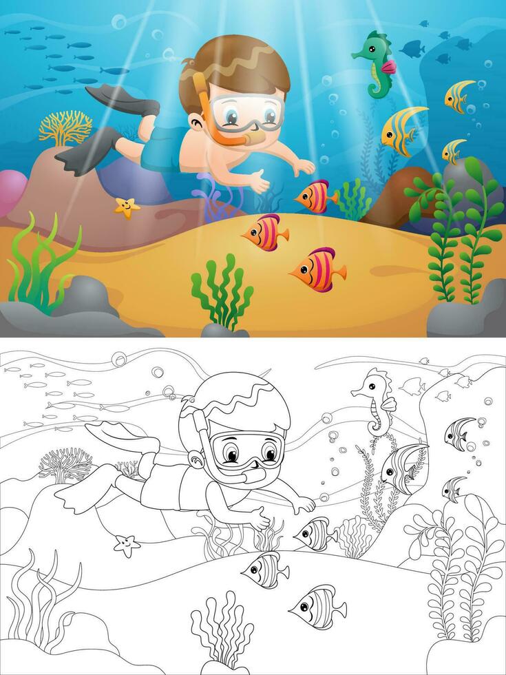 vetor ilustração do desenho animado Garoto natação embaixo da agua com marinho animais. coloração livro ou página