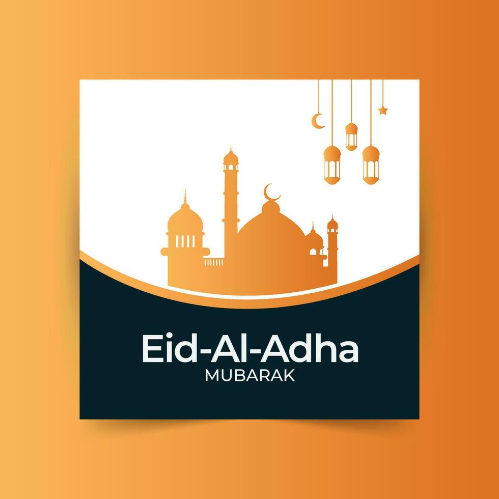 eid al adha Mubarak islâmico festival social meios de comunicação bandeira, vetor ilustração islâmico fundo com lindo mesquita projeto, estrelas, lua e lanternas.